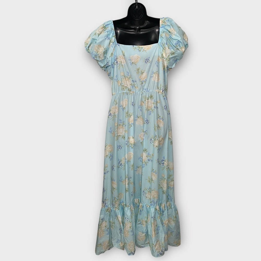 LoveShackFancy x Target Blue Floral Short Puff Sleeve V-Neck Maxi Dress Size 16 - Picture 3 of 6
